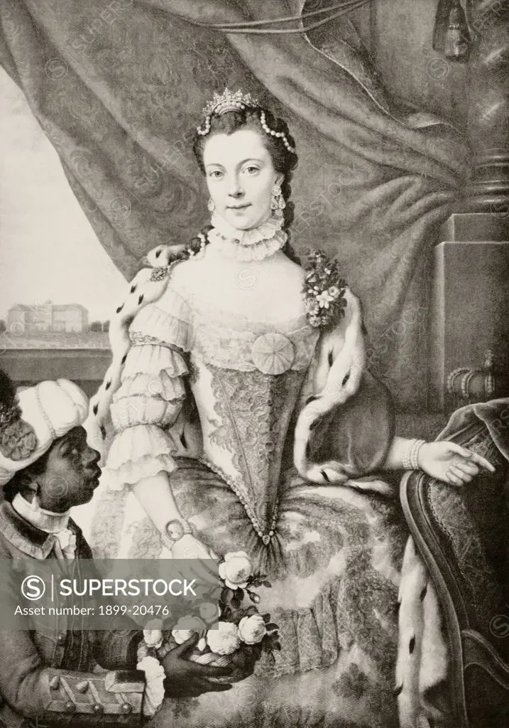 Charlotte of Mecklenburg-Strelitz 1744 to 1818. Queen-consort of United Kingdom as wife of King George III. From the book Buckingham Palace, It's Furniture, Decoration and History by H. Clifford Smith, published 1931.