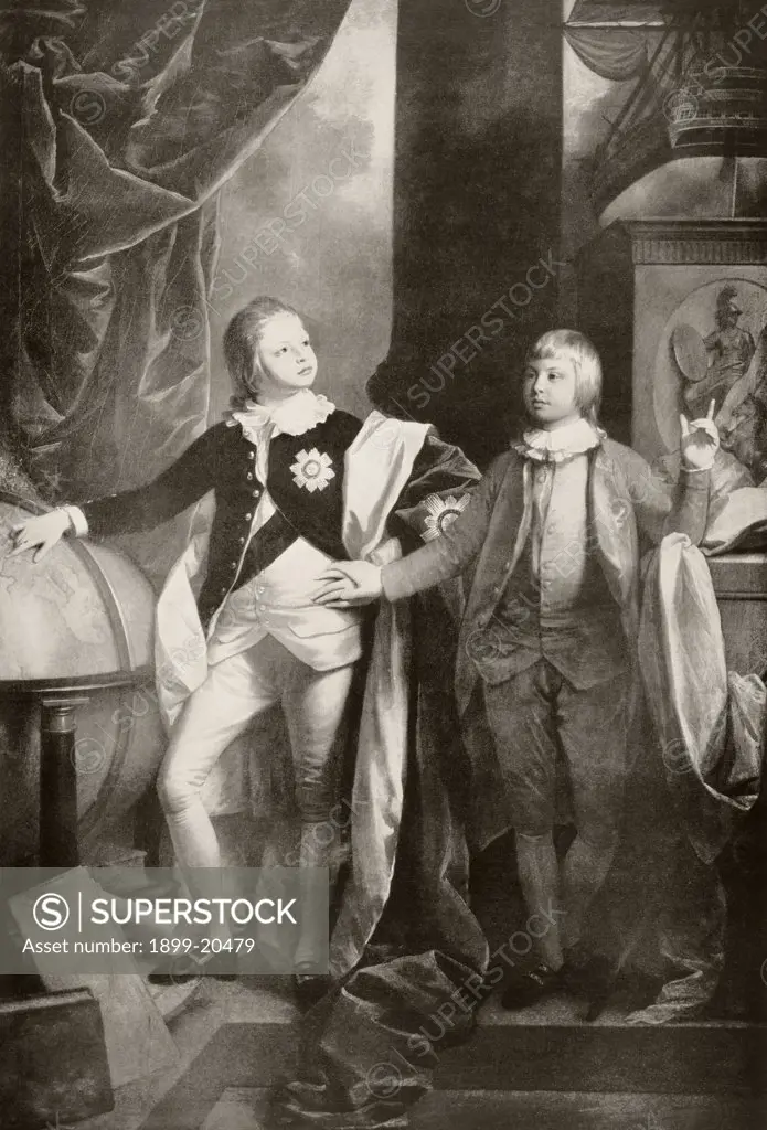 William, Duke of Clarence, later King William IV, left, and Edward Duke of Kent, later father of Queen Victoria, right. After a painting by Benjamin West. From the book Buckingham Palace, It's Furniture, Decoration and History by H. Clifford Smith, published 1931.