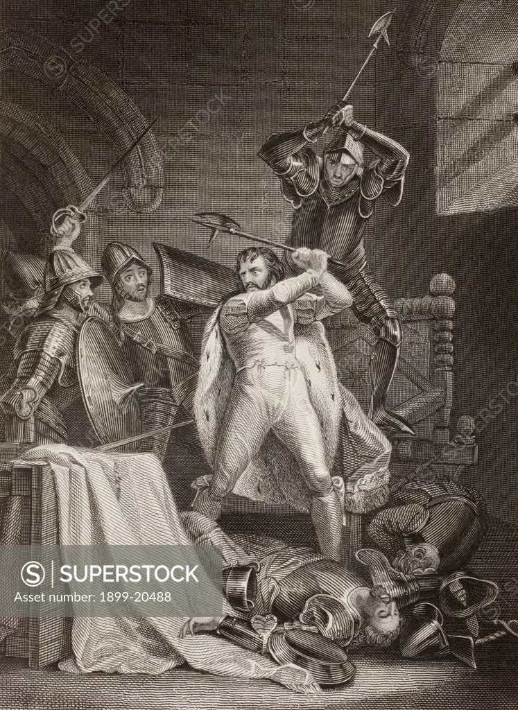 The murder of Richard II of England in Pontefract Castle in 1400 as described in the play Richard III by William Shakespeare. From a nineteenth century engraving.