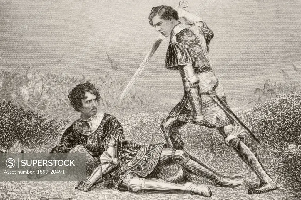 Nineteenth century actors H. Marston in the role of Hotspur and F. Robinson as Prince Henry in the play Henry IV by William Shakespeare. From a nineteenth century engraving.