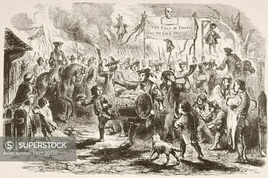 The Stamp Act riots in New York, 1765. From a 19th century illustration.