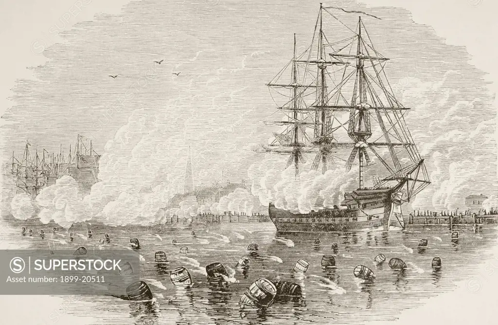 The Battle of the Kegs, January 6, 1778, an incident in Philadelphia harbour during the American Revolutionary War. From a 19th century illustration.