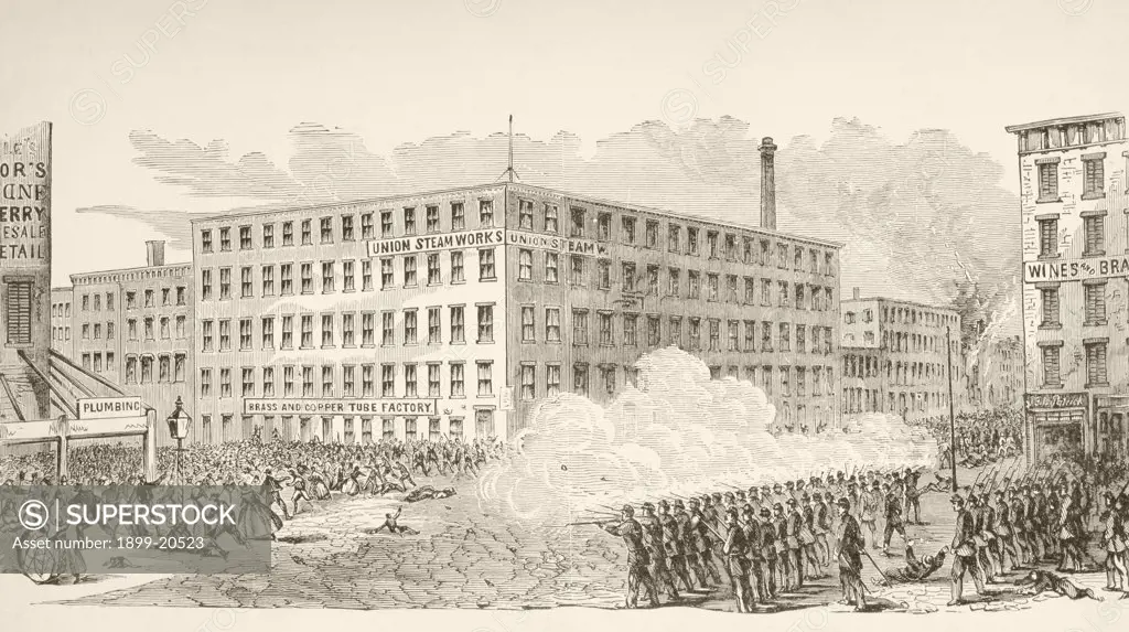 The incident in Second Avenue during the New York Draft Riots, July 1863, during the American Civil War. From a 19th century illustration.