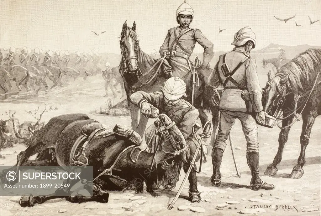 English cavalry watering their horses during the Mahdist War, Sudan in the 1880s. From a 19th century illustration. 