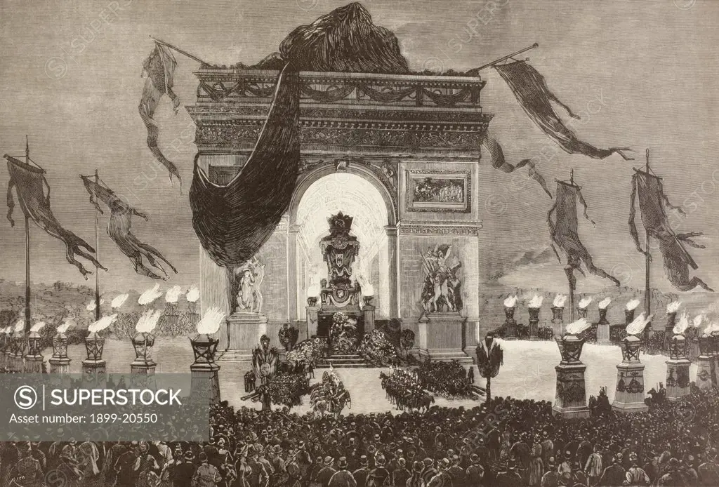 The coffin of French writer Victor Hugo is displayed beneath the Arc de Triomphe, Paris, France, during his funeral rites on the night of May 31, 1885. From a 19th century illustration. 