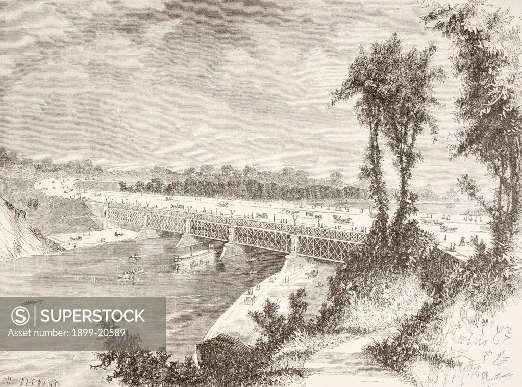 The Girard Point Bridge crossing the Schuylkill River in Philadelphia, Pennsylvania, in the 1880's. From a 19th century illustration.