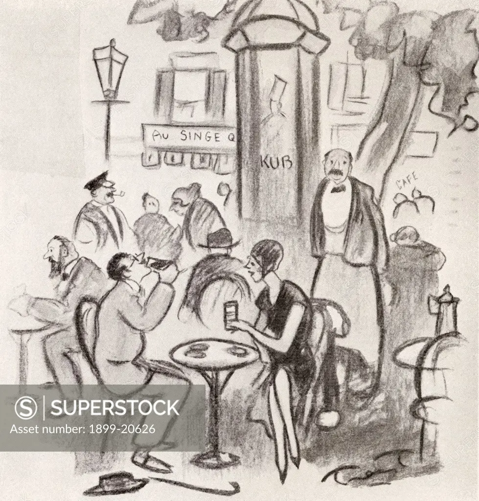 Street Scene. After the drawing by Trent from the book Back to Montparnasse by Sisley Huddleston, published 1931