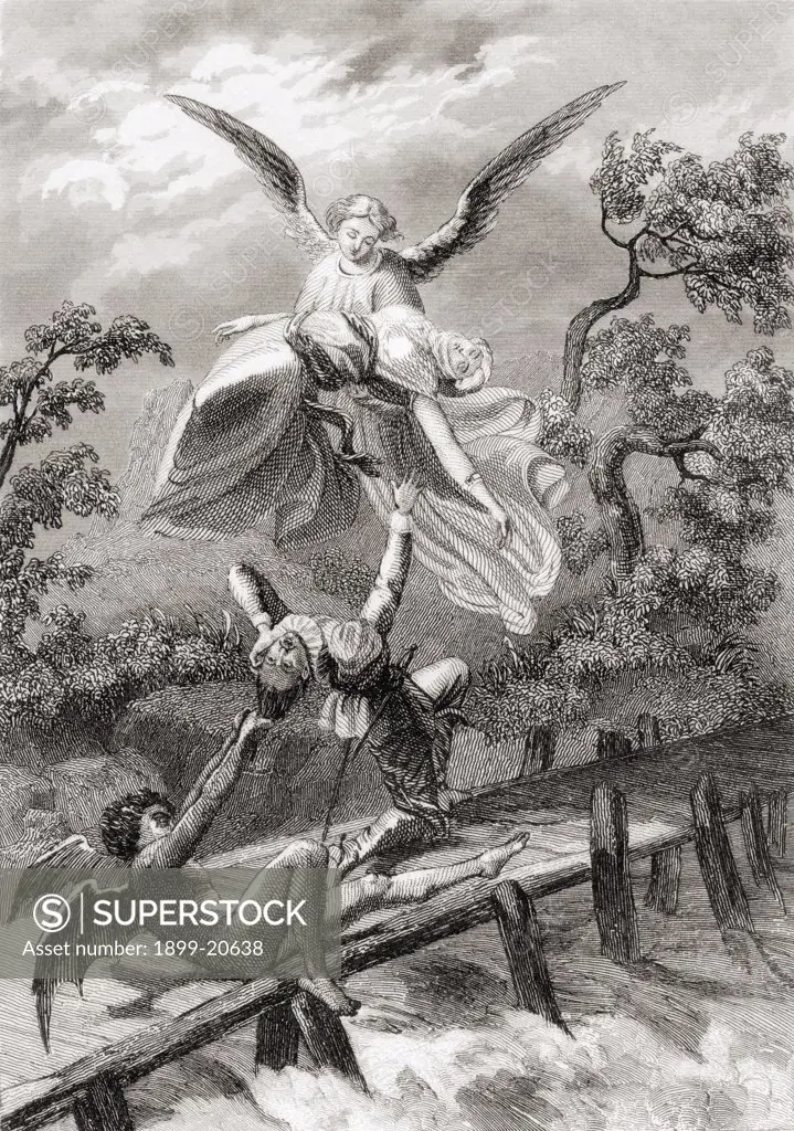 Amina is carried away by an angel whilst the devil captures the Sacristan of Albaicin. From the story El Sacristan del Albaicin, from the book Los Frailes y Sus Conventos published 1854