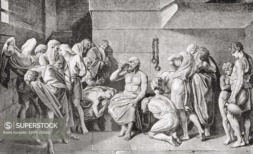 Death of Socrates by drinking poison. Socrates c. 469 BC to 399 BC. Classical Greek philosopher. From the book Harmsworth History of the World published 1908.