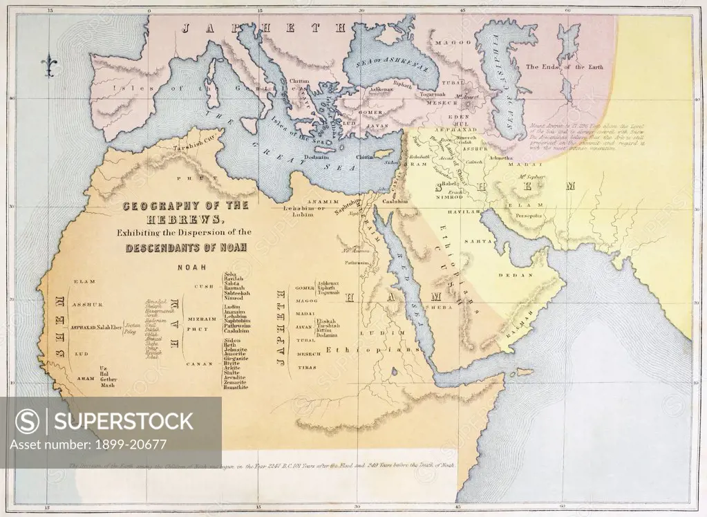Map showing the Geography of the Hebrews and exhibiting the dispersion of the Descendants of Noah. From The Holy Bible published by William Collins, Sons, & Company in 1869.
