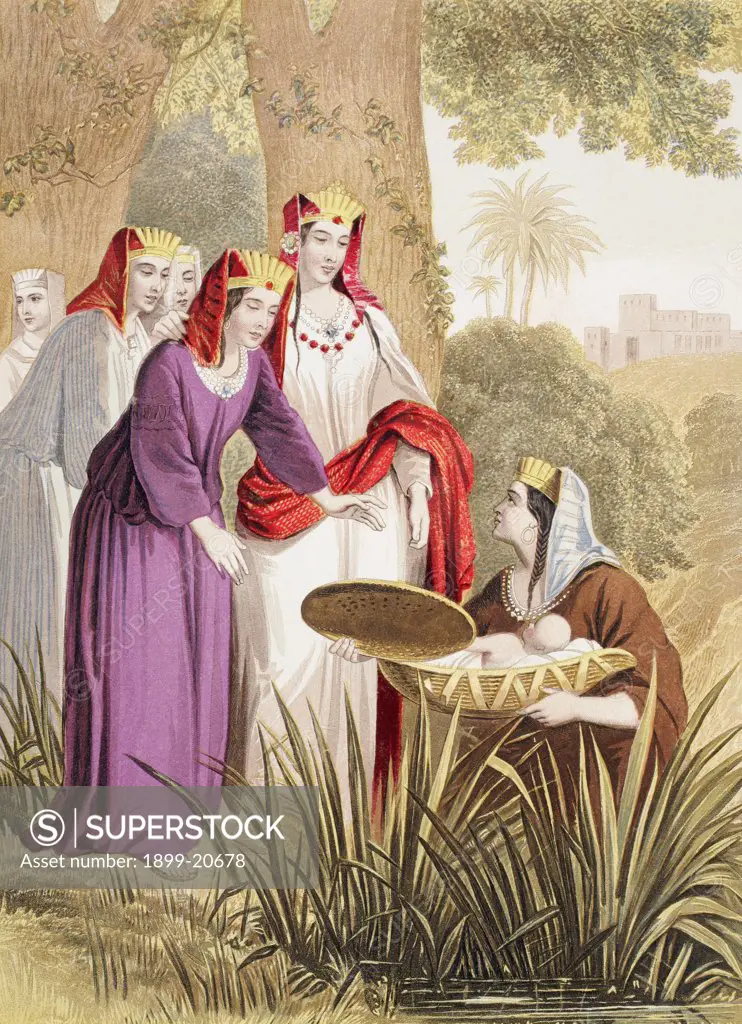 The infant Moses is found in the bulrushes on the river bank by the Pharaoh's daughter. From The Holy Bible published by William Collins, Sons, & Company in 1869. Chromolithograph by J.M. Kronheim & Co.