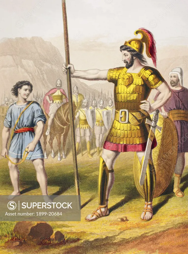 David confronts Goliath. From The Holy Bible published by William Collins, Sons, & Company in 1869. Chromolithograph by J.M. Kronheim & Co.