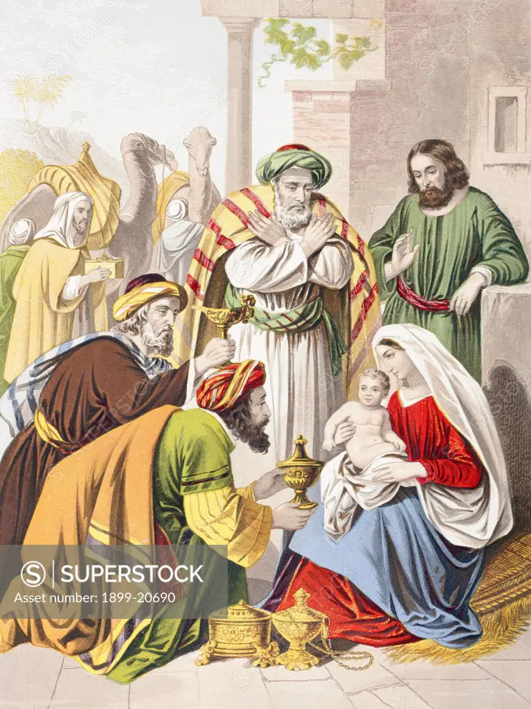 Nativity scene. The three wise men with the Holy Family. One presents a gift to the infant Jesus. From The Holy Bible published by William Collins, Sons, & Company in 1869. Chromolithograph by J.M. Kronheim & Co.