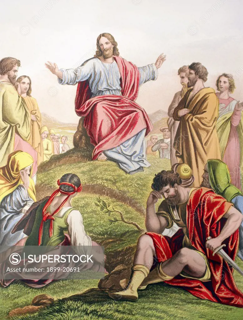 Jesus preaching the sermon on the mount. From The Holy Bible published by William Collins, Sons, & Company in 1869. Chromolithograph by J.M. Kronheim & Co.