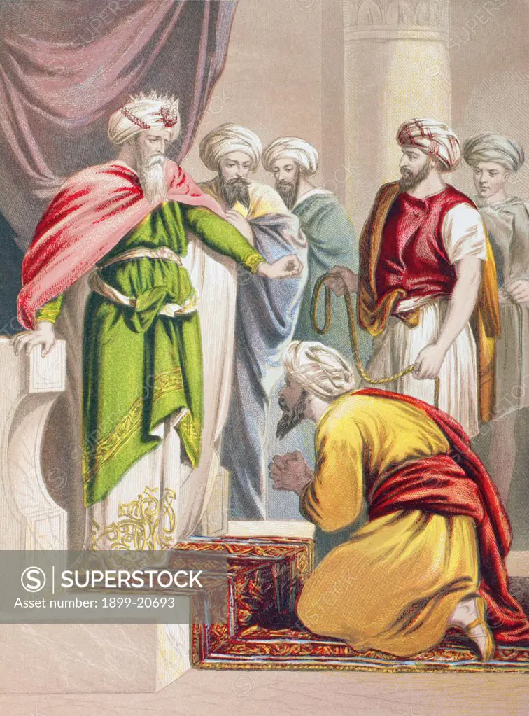 The parable of the King and the unmerciful servant. The King cancels the servants debt. From The Holy Bible published by William Collins, Sons, & Company in 1869. Chromolithograph by J.M. Kronheim & Co.