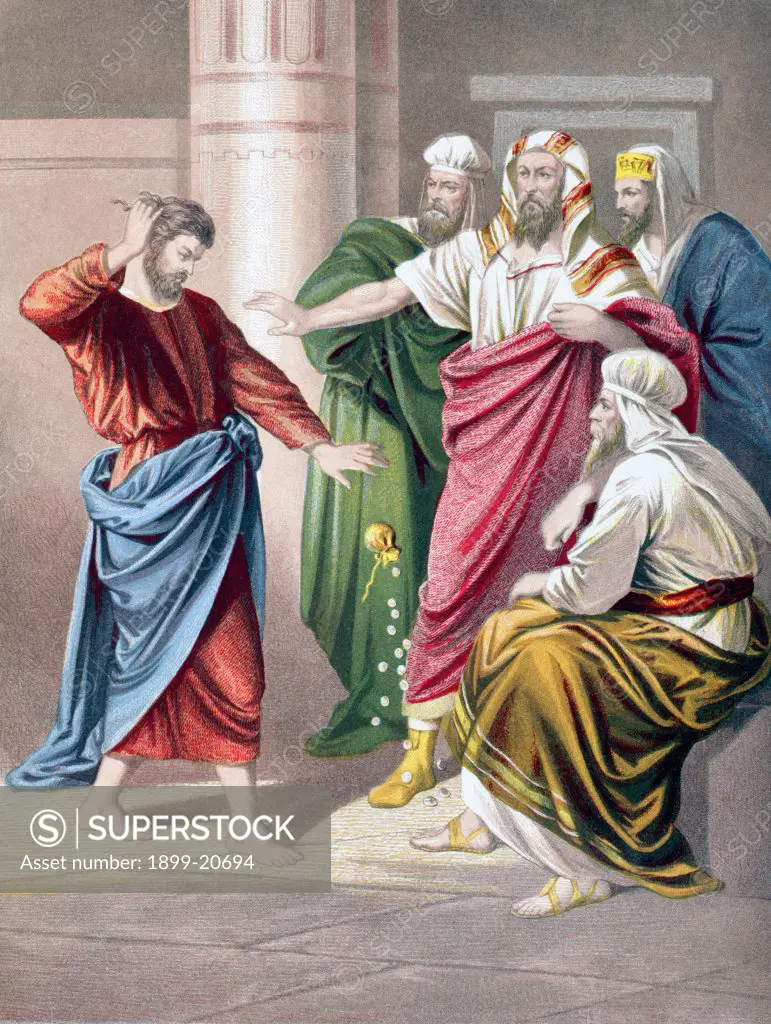 Judas repents, and in remorse returns the thirty pieces of silver. From The Holy Bible published by William Collins, Sons, & Company in 1869. Chromolithograph by J.M. Kronheim & Co.