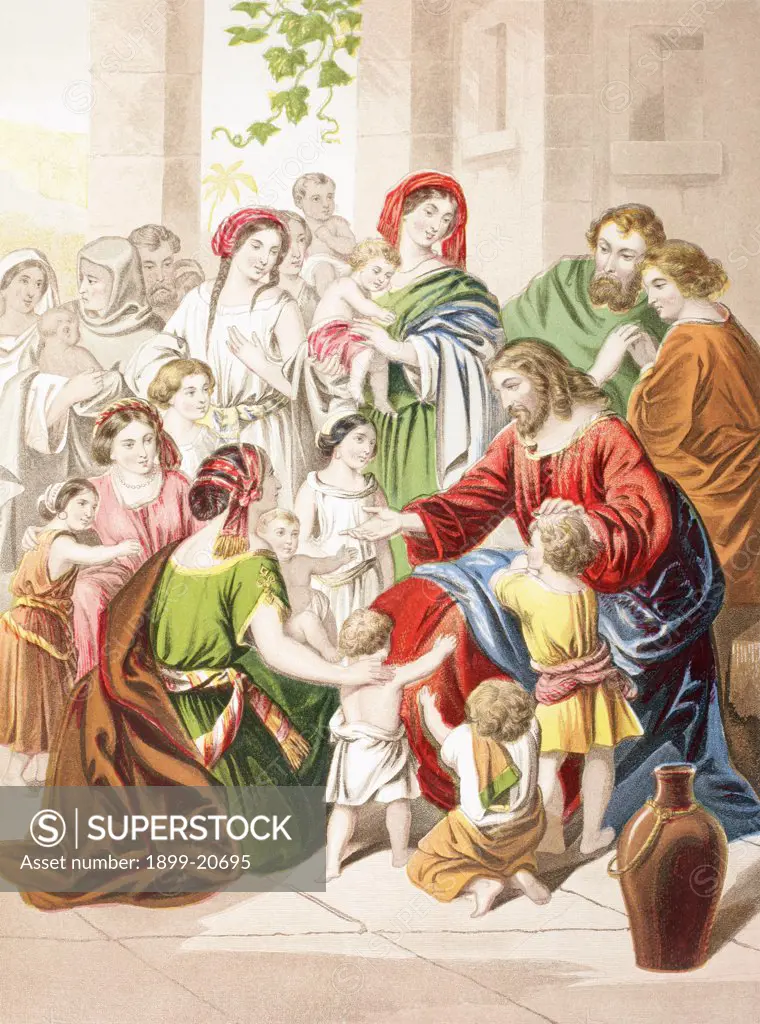 Jesus blessing little children. Suffer the little children to come unto me. From The Holy Bible published by William Collins, Sons, & Company in 1869. Chromolithograph by J.M. Kronheim & Co.