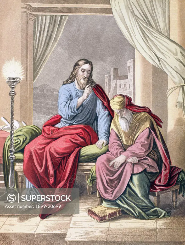 Jesus with the Pharisee Nicodemus. From The Holy Bible published by William Collins, Sons, & Company in 1869. Chromolithograph by J.M. Kronheim & Co.