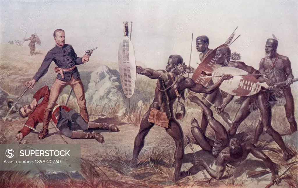 Lieutenants Melvill and Coghill, 24th Regiment, dying to save The Queen's Colours at the Battle of Isandlwana, during the Anglo-Zulu war, 1879. From the book South Africa and the Transvaal War, Volume 1 by Louis Creswicke, published 1900.