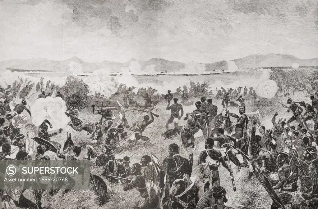 The Battle of Ulundi, 1879, final rush of the Zulus. The British square in the distance. From the book South Africa and the Transvaal War, Volume 1 by Louis Creswicke, published 1900.