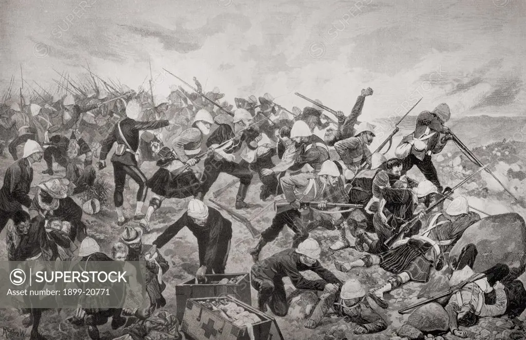 The Battle of Majuba Hill, near Volksrust, South Africa, during the First Boer War. British forces under the command of Major-General Sir George Pomeroy Colley. From the book South Africa and the Transvaal War, Volume 1 by Louis Creswicke, published 1900.