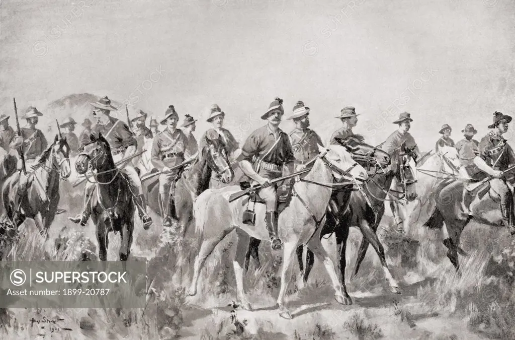 Australian Bushmen on the march during the second Boer war. From South Africa and the Transvaal War, by Louis Creswicke, published 1900.