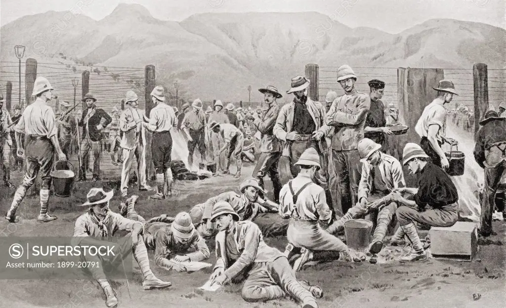 British prisoners waiting for release from the camp at Nooitgedacht, South Africa, during the second Boer War. From South Africa and the Transvaal War, by Louis Creswicke, published 1900.
