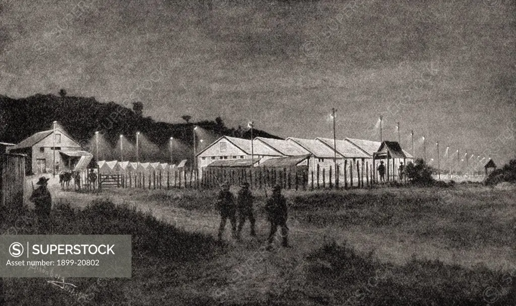 Prisoner of war camp at Pretoria, South Africa, for British prisoners during the second Boer war. From the book South Africa and the Transvaal War by Louis Creswicke, published 1900.