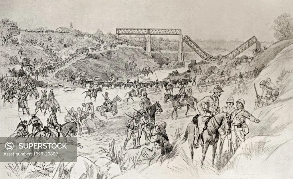 Lord Roberts's column crossing the Sand River Drift during the second Boer War. From the book South Africa and the Transvaal War by Louis Creswicke, published 1900.