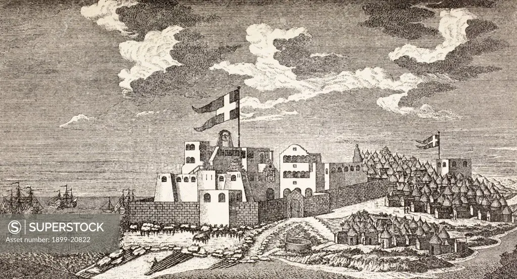 Danish colonial fort Fort Christiansborg, now Osu Castle, Accra, Ghana as it was in 1760. The outpost to the right is Fort Provestenen. From Afrika, dets Opdagelse, Erobring og Kolonisation, published in Copenhagen, 1901.
