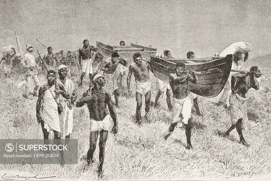 African porters carrying Henry Morton Stanley's dismantled boat Lady Alice on his expedition to explore Lake Victoria. From Afrika, dets Opdagelse, Erobring og Kolonisation, published in Copenhagen, 1901.