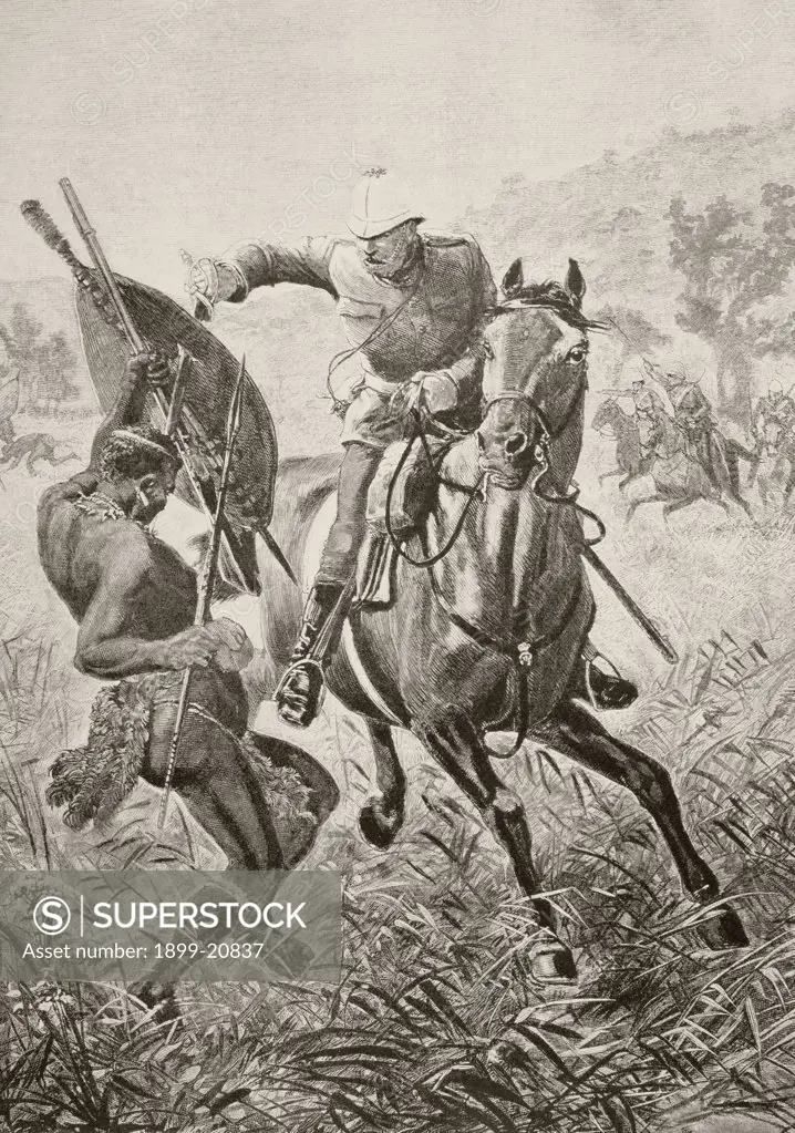 An English cavalryman attacks a Zulu warrior during the Anglo-Zulu war of 1879. From Afrika, dets Opdagelse, Erobring og Kolonisation, published in Copenhagen, 1901.