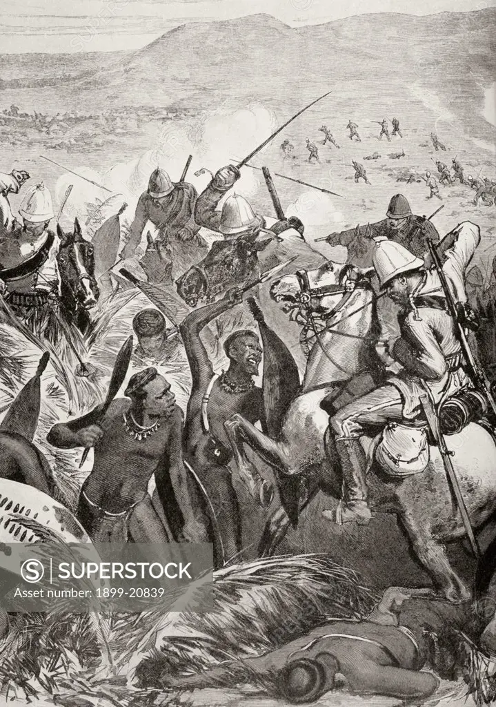 English and Zulus clash at the Battle of Ulundi during the Anglo-Zulu War of 1879. From Afrika, dets Opdagelse, Erobring og Kolonisation, published in Copenhagen, 1901.