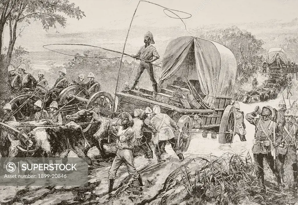 British army supply wagons drawn by oxen teams cross a river during the Anglo-Zulu War. From Afrika, dets Opdagelse, Erobring og Kolonisation, published in Copenhagen, 1901.