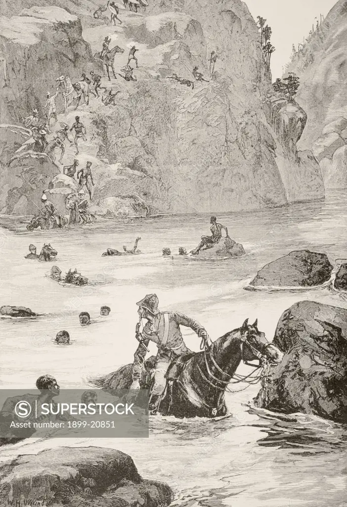 British soldiers fleeing and being pursued by Zulu warriors after the battle of Isandlwana, KwaZulu-Natal province, South Africa. From Afrika, dets Opdagelse, Erobring og Kolonisation, published in Copenhagen, 1901.