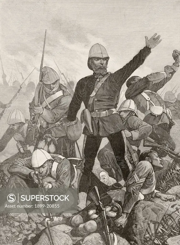 Sir George Pomeroy Colley, 1835 to 1881, British general, at the Battle of Majuba Hill during the First Boer War. From Afrika, dets Opdagelse, Erobring og Kolonisation, published in Copenhagen, 1901.