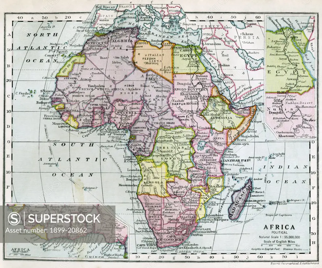 Continent of Africa between World War One and World War Two. From Bacon's Excelsior Atlas of the World, published circa 1930.