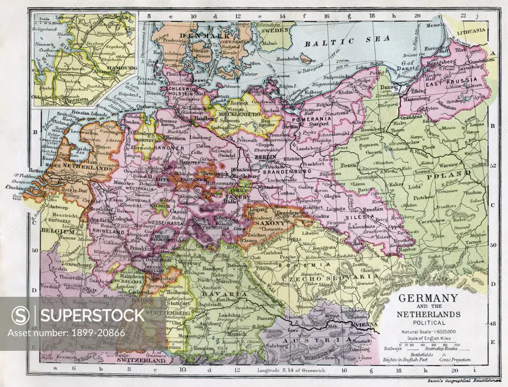 Germany and the Netherlands between the First and Second World Wars. From Bacon's Excelsior Atlas of the World, published circa 1930.