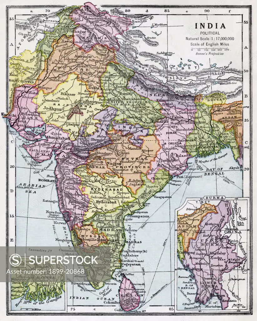 India circa 1930. Before partition. From Bacon's Excelsior Atlas of the World, published circa 1930.