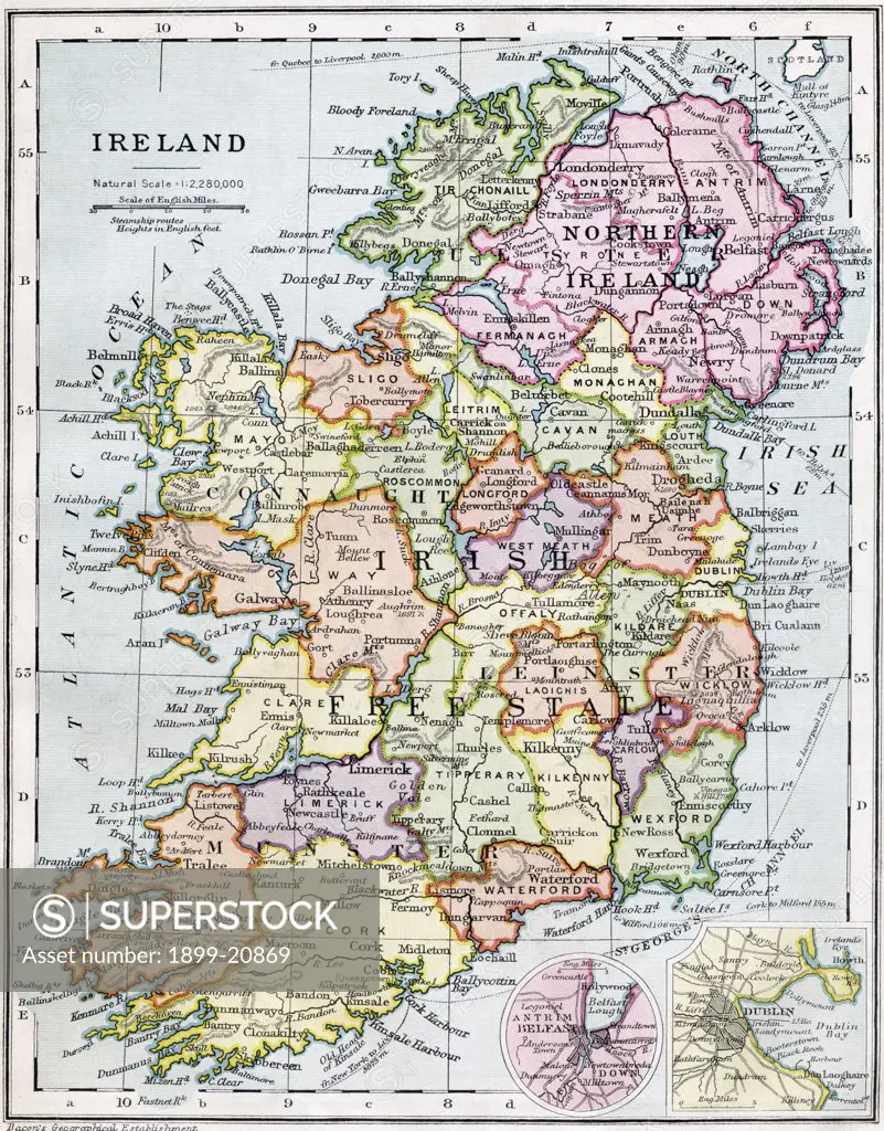 Irish Free State and Northern Ireland. From Bacon's Excelsior Atlas of the World, published circa 1930.