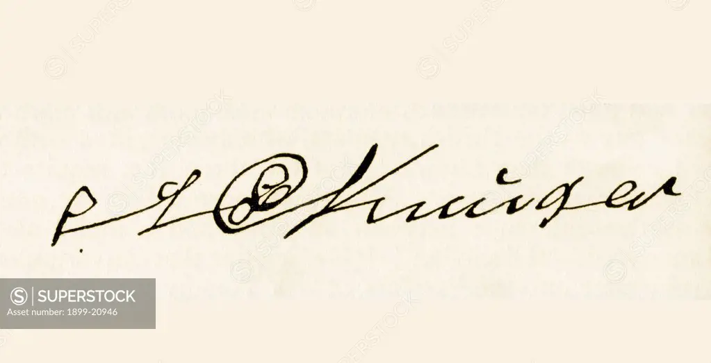 Signature of Stephanus Johannes Paulus Kruger, 1825 to 1904, better known as Paul Kruger and affectionately known as Uncle Paul or Oom Paul. State President of the South African Republic. From the book South Africa and the Transvaal War by Louis Creswicke, published 1900.