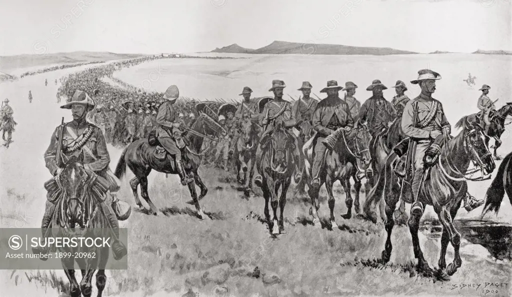 General Piet Cronje's force on their march south during The Second Boer War. From the book South Africa and the Transvaal War by Louis Creswicke, published 1900.