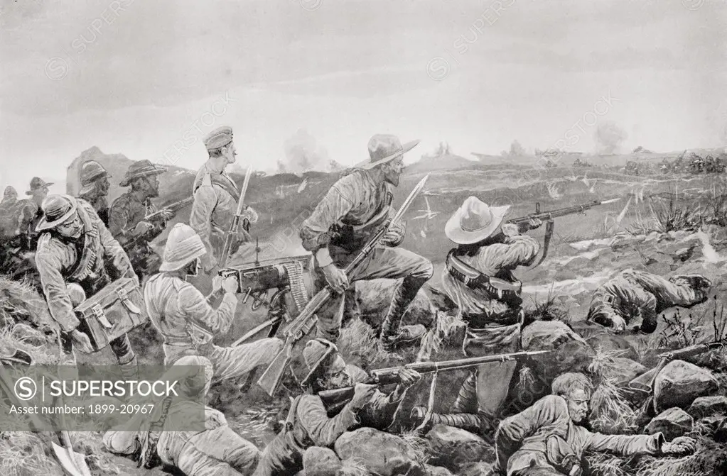 Sleepless Mafeking, hot work in the trenches during The Second Boer War. From the book South Africa and the Transvaal War by Louis Creswicke, published 1900.