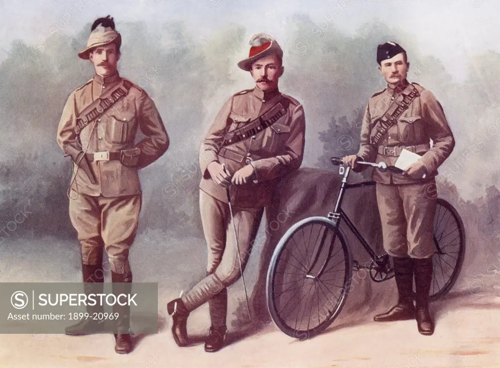 Left. Trooper of the South African Light Horse. Centre. Trooper of the Brabant's Horse Regiment. Right. Dispatch Rider of the Duke of Edinburgh's Volunteer Rifles. From the book South Africa and the Transvaal War by Louis Creswicke, published 1900.