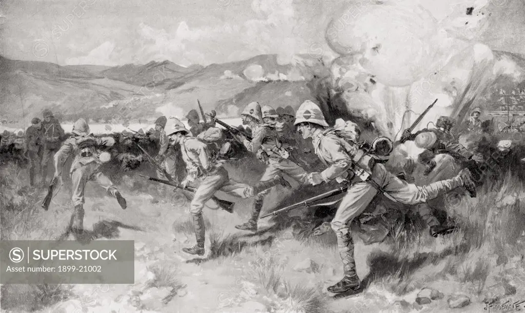 The Battle of Colenso, Natal, South Africa during the Second Boear War. Queen's Royal West Surrey Regiment leading the central attack. From the book South Africa and the Transvaal War by Louis Creswicke, published 1900