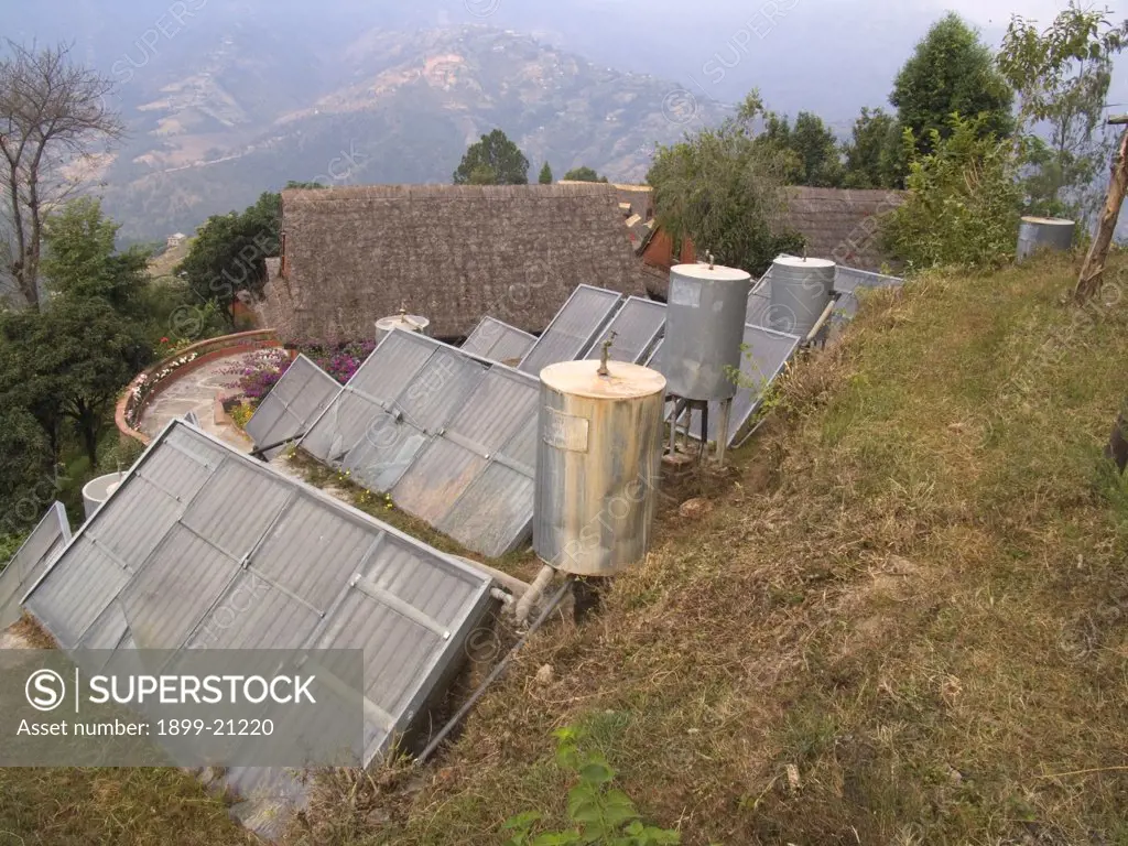 Solar panels used for heating the water, Mountain resort of Dhulikhel, Nepal. Hot water is only available at certain times in the morning and evening. 