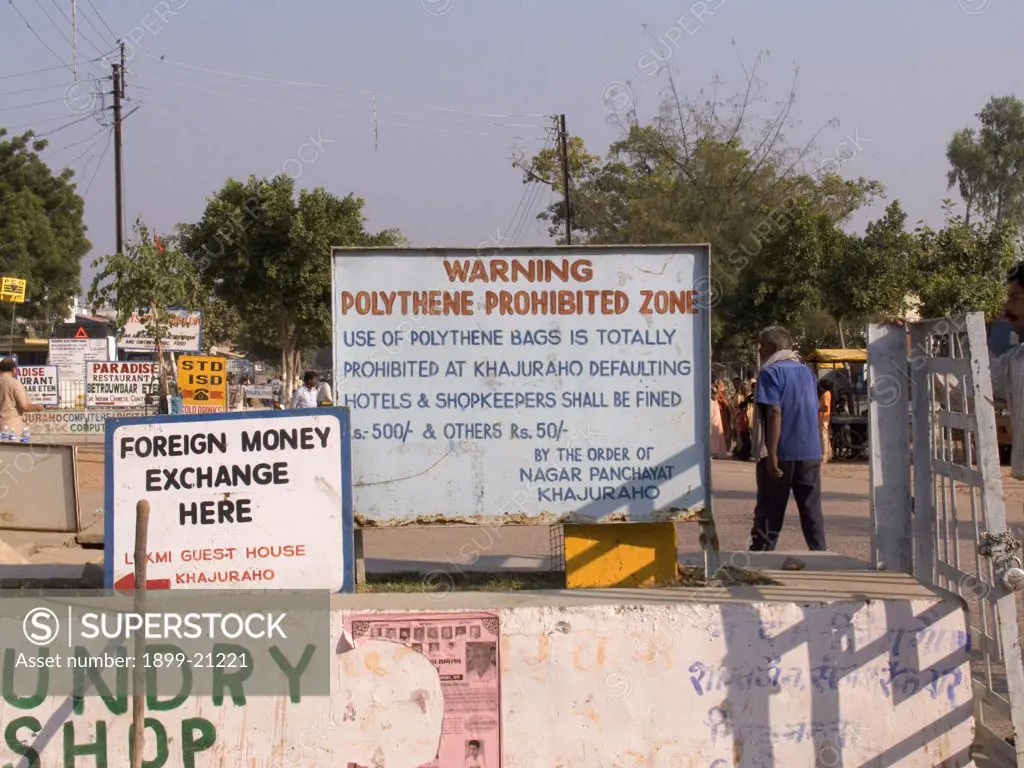 Polythene Bag Prohibited Zone, Khajuraho, Madhya, Pradesh, India. Notice advising that the use of polythene bags are prohibited in this town with defaulters being fined heavily. 
