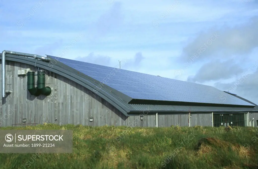 Solar cells on roof, United Kingdom. Solar cells on roof, Gaia Centre, Delabole Windfarm, Cornwall. The roof measures 520 sq m and was funded by the Department of Trade and Industry and the European Union.