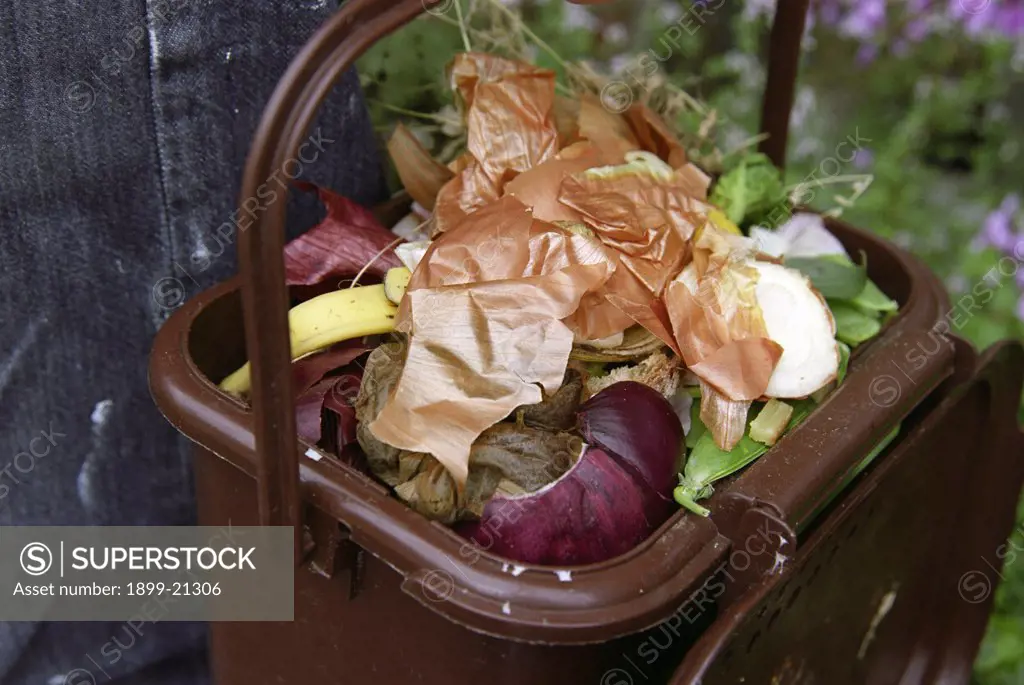 Compostable kitchen waste, United Kingdom. Compostable kitchen waste, kept in separate container for ease of recycling or putting on compost.