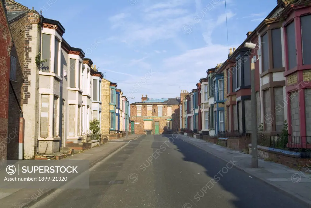 Boarded up derelict housing - Plimsol Street, Edge Hill district of Liverpool, Merseyside, preparation for demolition under the Kensington Regeneration Scheme. 
